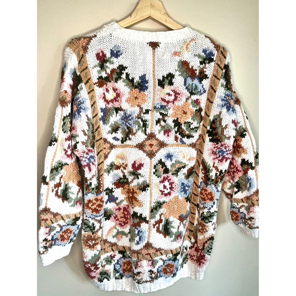 Cristal-Kobe Vintage Floral Tapestry Chunky Knit Sweater Petite Cream Multi 90s - Picture 2 of 14